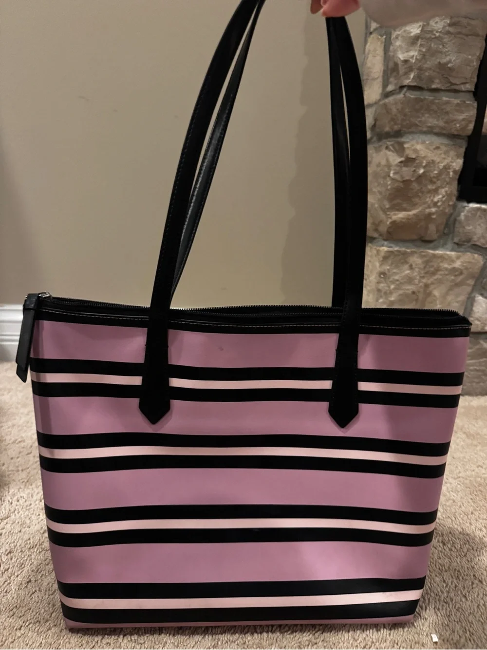 Kate Spade Lavender & Black Striped Large Tote Bag Bow Charm